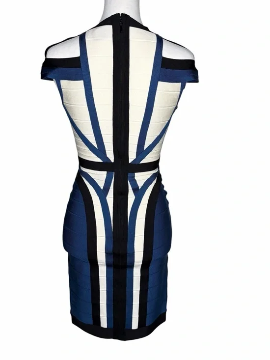 Herve Leger Blue, Black & White Shoulder Bandage Dress Size S - Picture 4 of 11